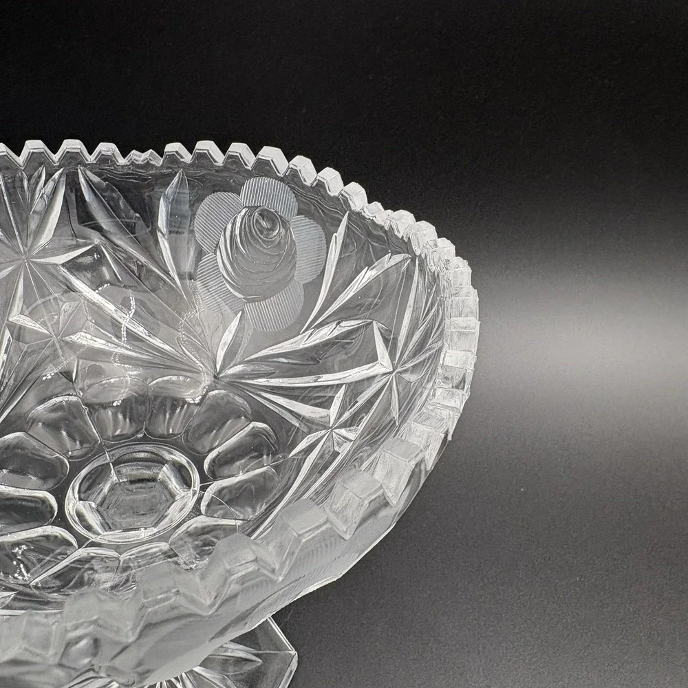 Crystal Cut Glass Pedestal Compote Rose Pattern‎ Scalloped 6 Side Base 7